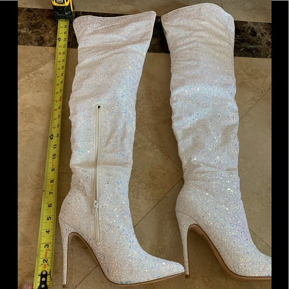 white glitter thigh high boots